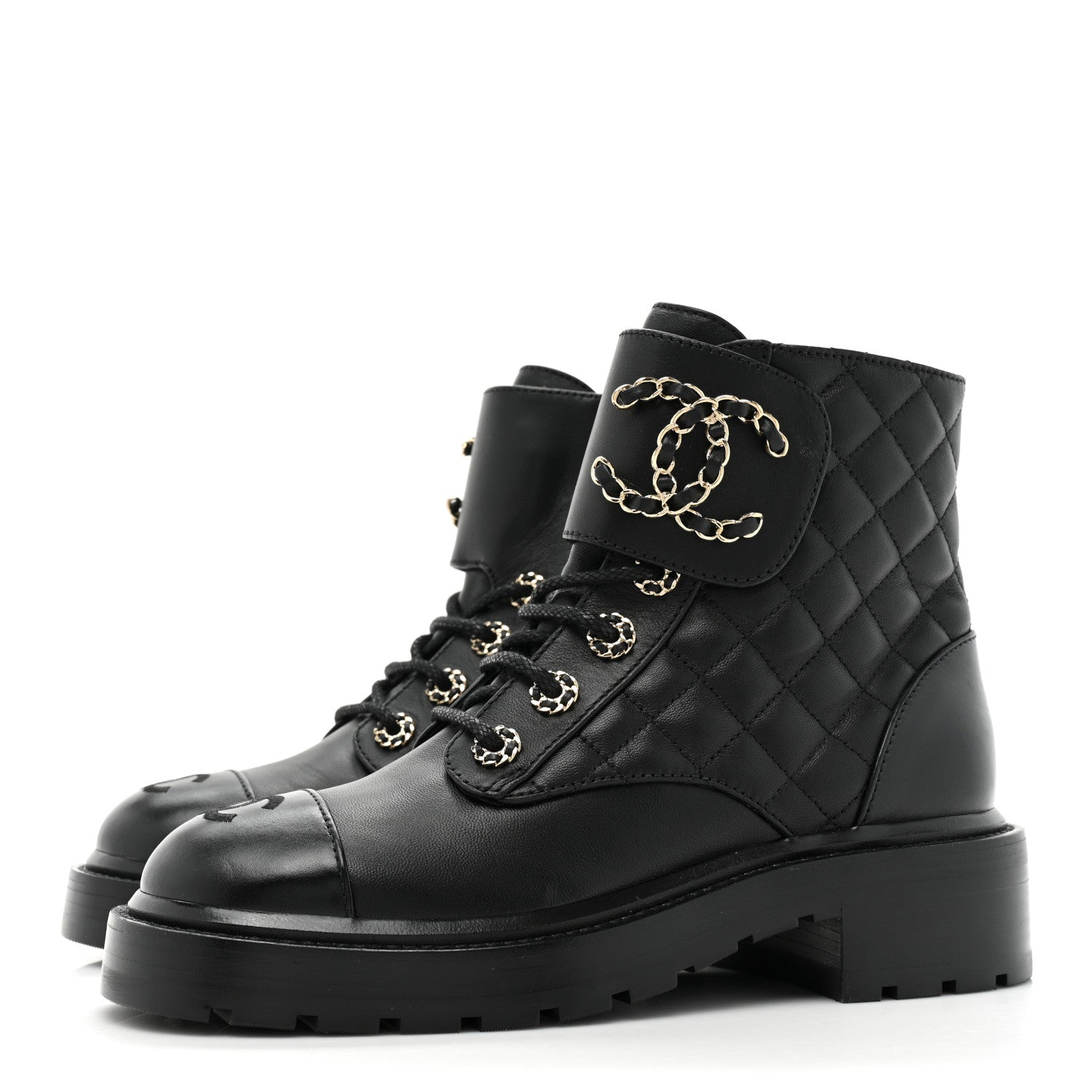 Chanel Lambskin Calfskin Quilted Lace Up Combat Boots 36 Black 3 of 8