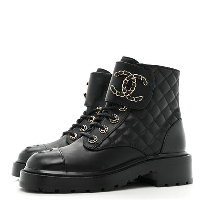 Chanel Lambskin Calfskin Quilted Lace Up Combat Boots 36 Black 3 of 8