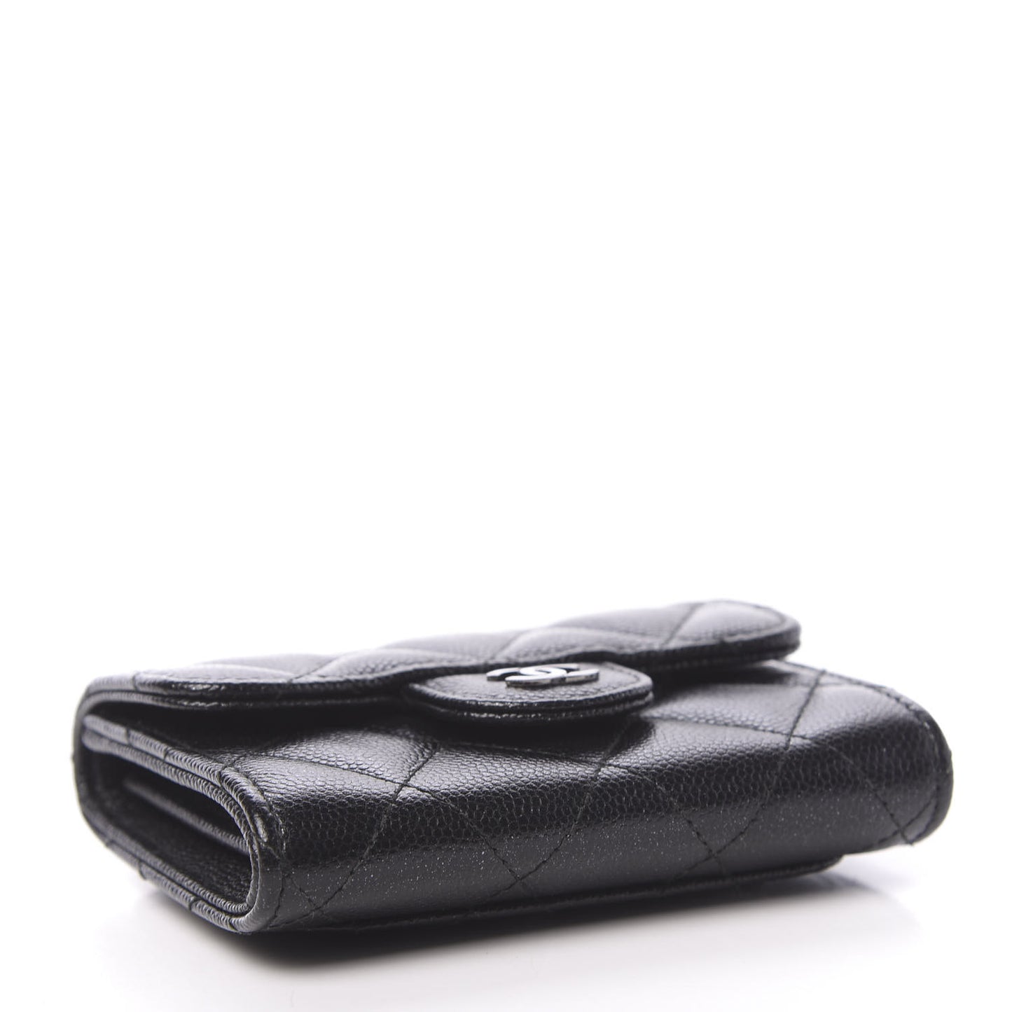 Iridescent Caviar Quilted Flap Card Holder Wallet Black