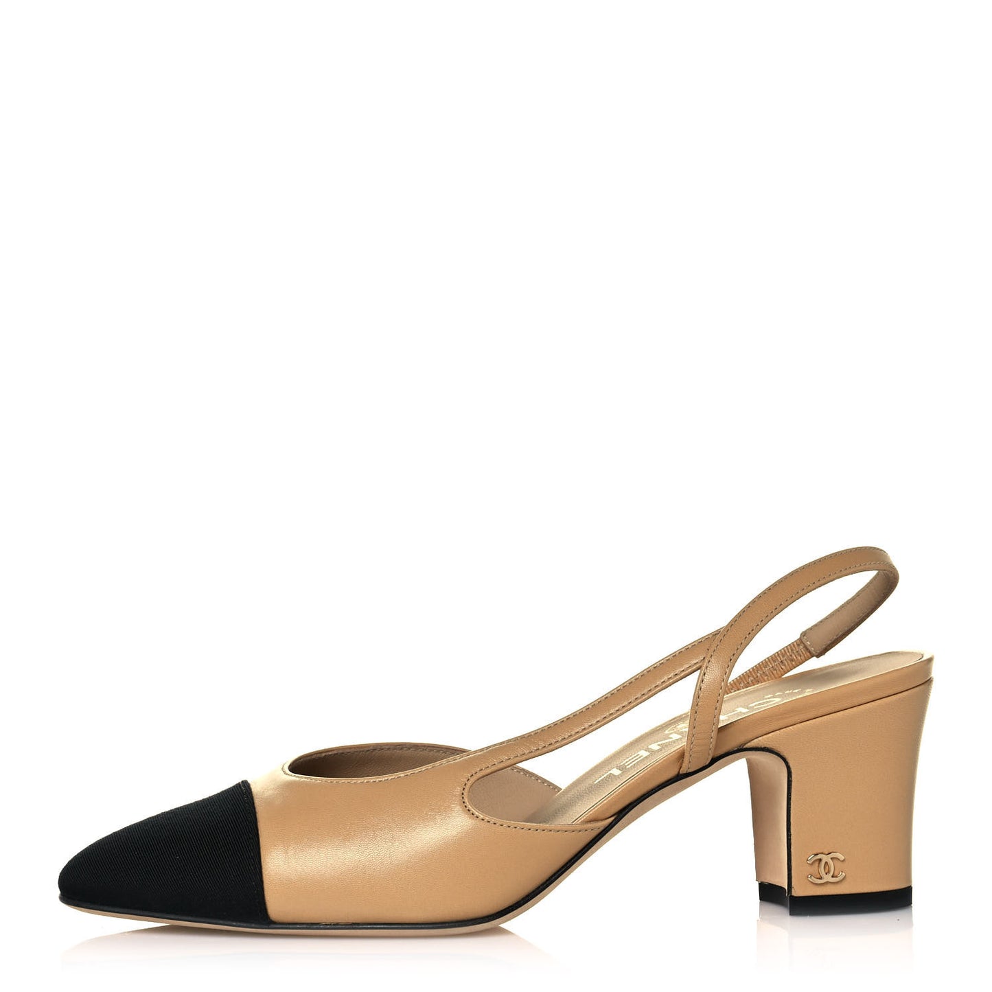 Goatskin Grosgrain Cap Toe CC Slingback Pumps 37 Beige Black