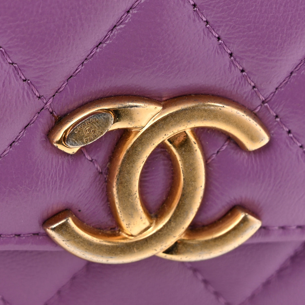 Lambskin Lacquered Metal Quilted Flap Chain Belt Bag Purple