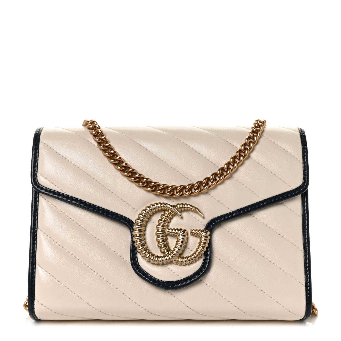 Vintage Effect Calfskin Matelasse Diagonal Torchon GG Marmont Chain Wallet Mystic White Blue Agata
