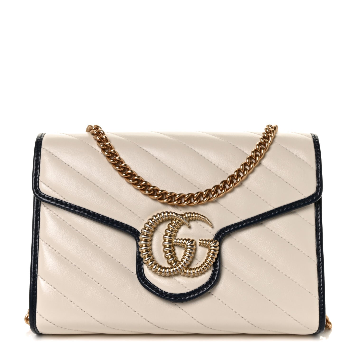 Gucci Vintage Effect Calfskin Matelasse Diagonal Torchon GG Marmont Chain Wallet Mystic White Blue Agata 1 of 8