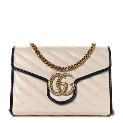 Gucci Vintage Effect Calfskin Matelasse Diagonal Torchon GG Marmont Chain Wallet Mystic White Blue Agata 1 of 8