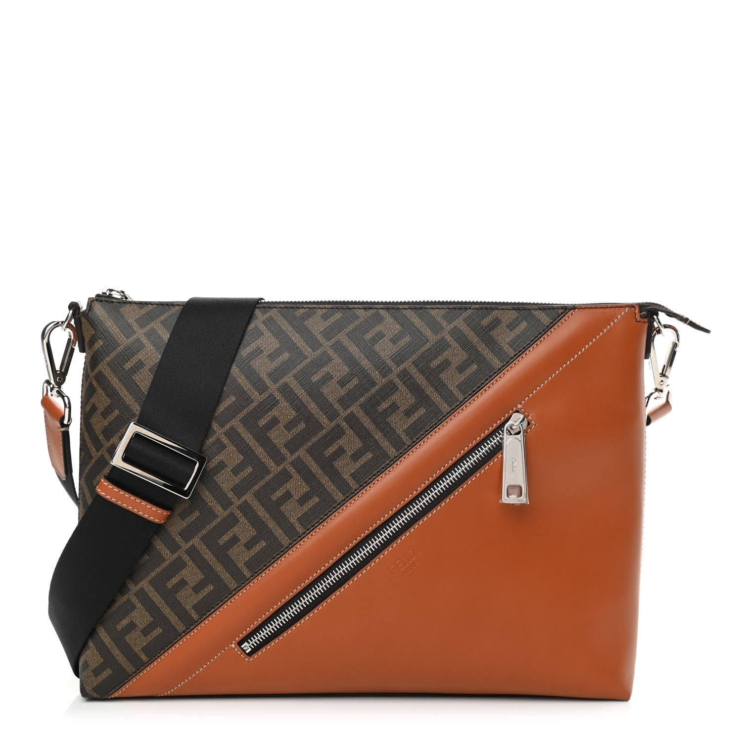 Fendi Glazed Fabric Vitello King FF 1974 Diagonal Medium East West Messenger Tobacco Moro Cuoio 1 of 10