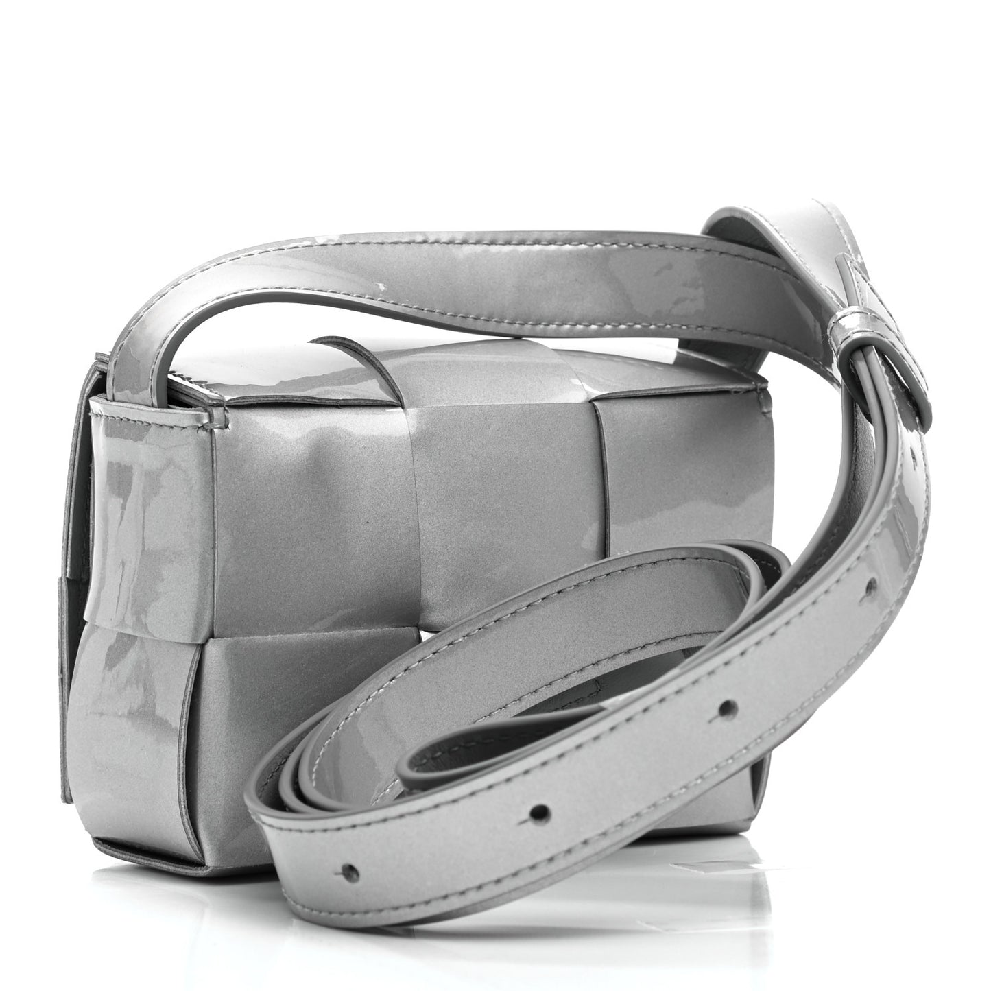 Metallic Patent Calfskin Maxi Intrecciato Extra Mini Cassette Crossbody Bag Silver