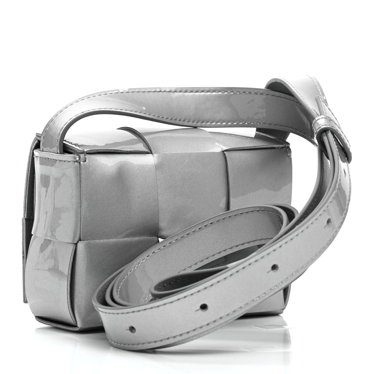 Bottega Veneta Metallic Patent Calfskin Maxi Intrecciato Extra Mini Cassette Crossbody Bag Silver 3 of 8