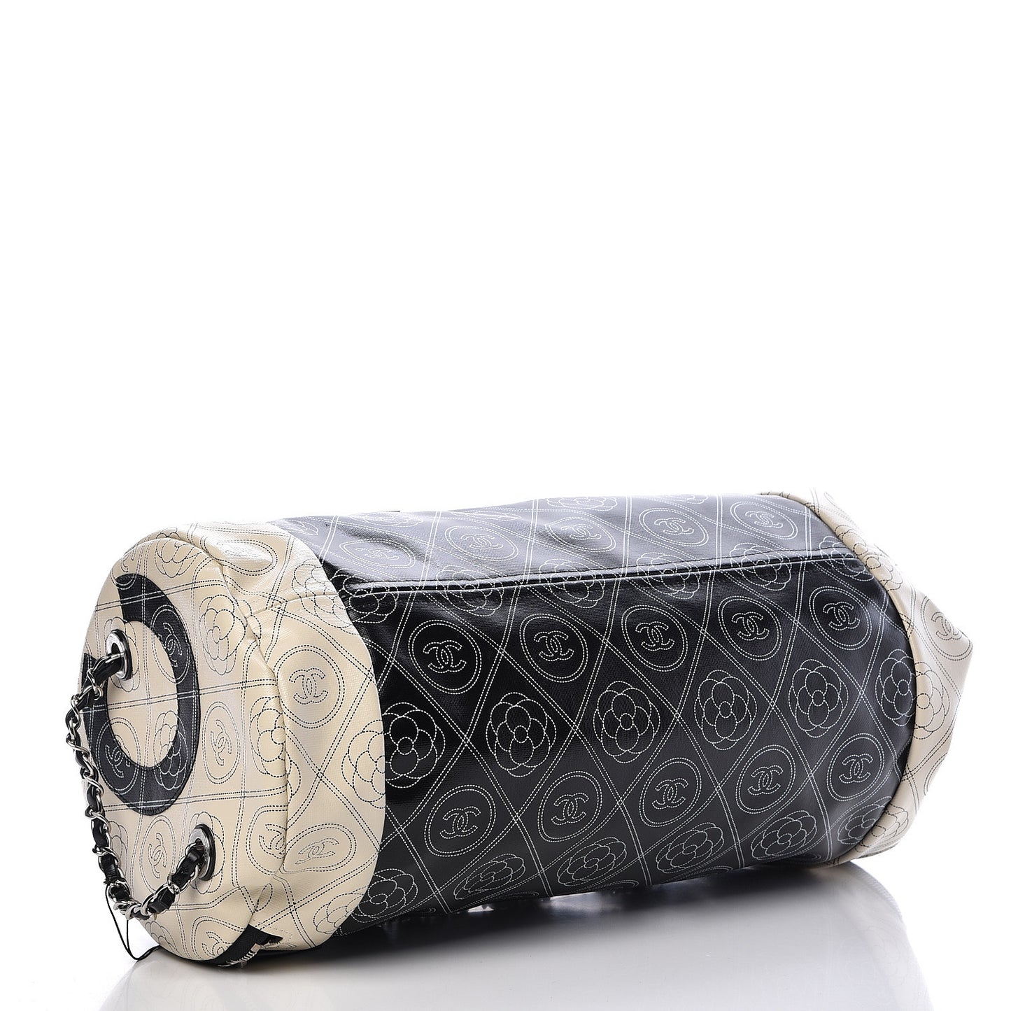 Coated Canvas Camellia Printed Calfskin Bowling Bag Black Beige