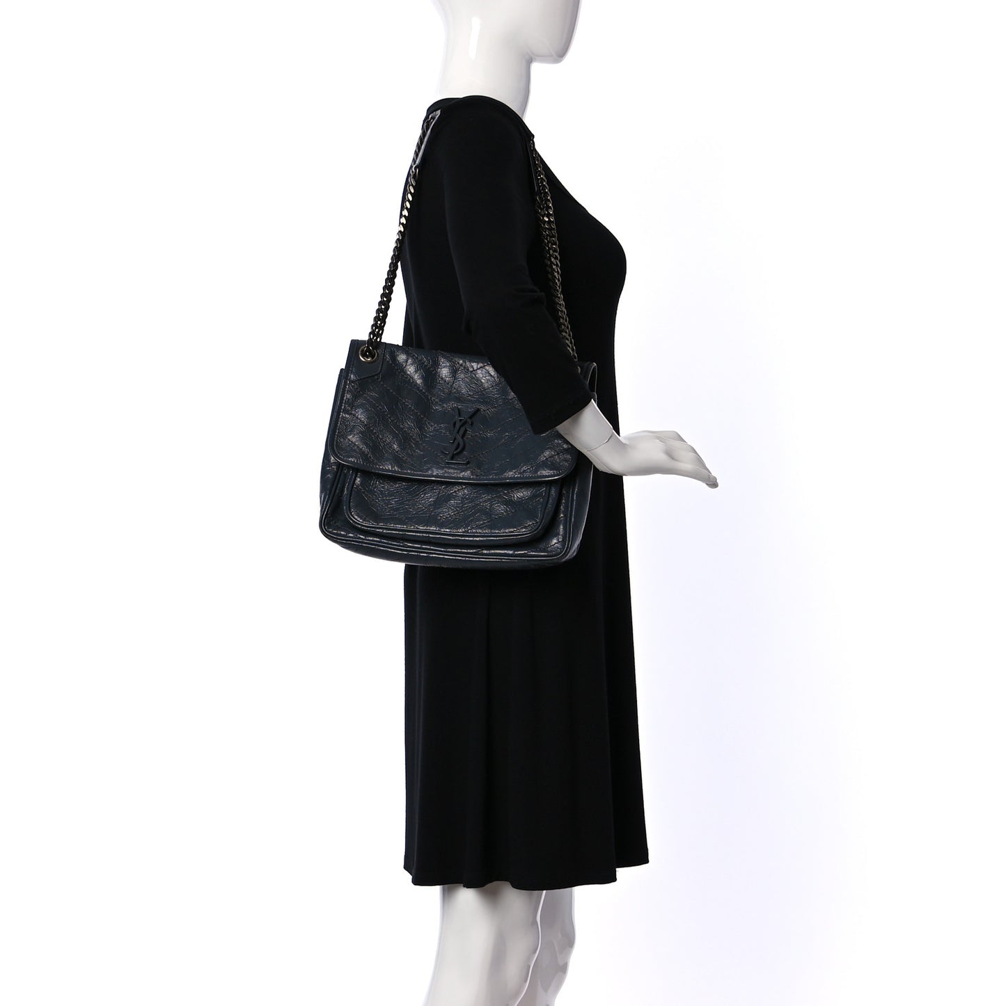 Crinkled Calfskin Matelasse Monogram Medium Niki Chain Satchel Storm