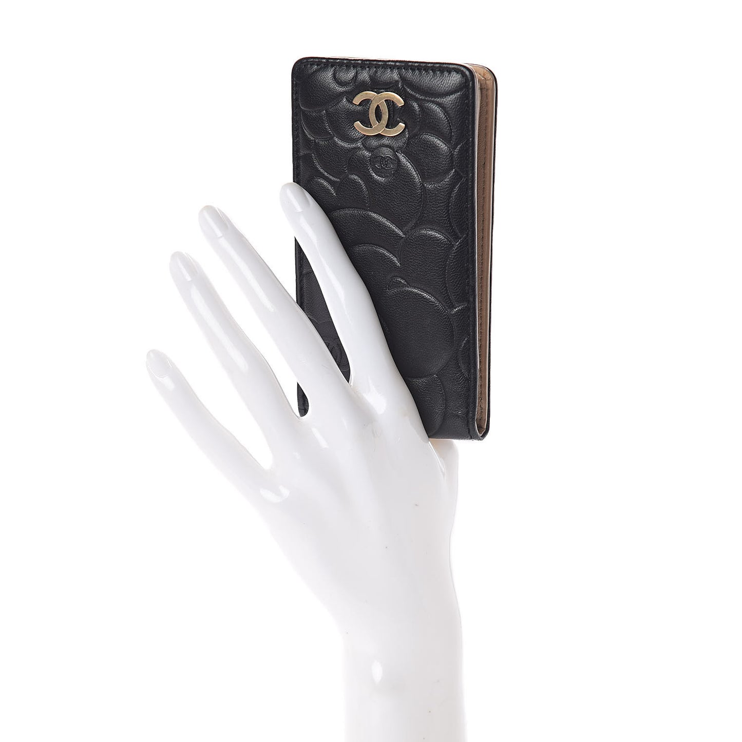 Lambskin Camellia Embossed Phone Case Black