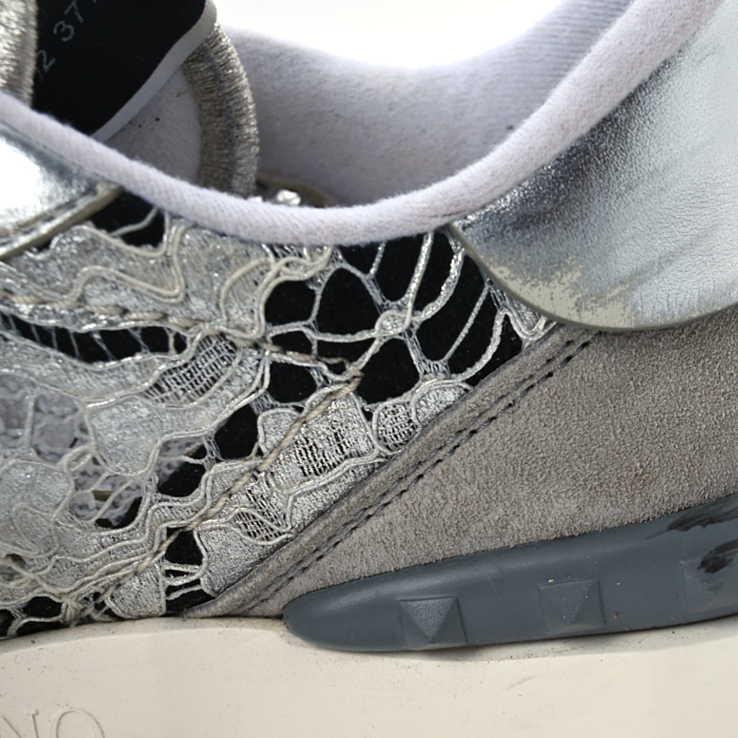Metallic Calfskin Lace Mesh Lacerunner Sneaker 37.5 Silver Pastel Gray