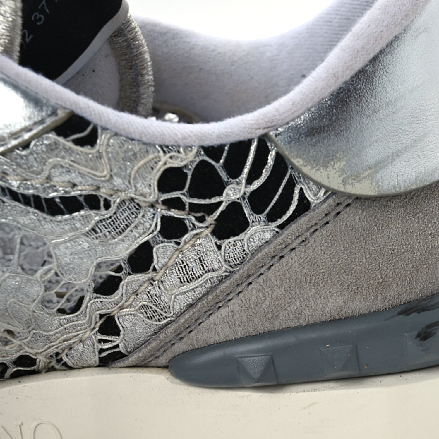 Valentino Garavani Metallic Calfskin Lace Mesh Lacerunner Sneaker 37.5 Silver Pastel Gray 14 of 15