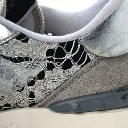 Valentino Garavani Metallic Calfskin Lace Mesh Lacerunner Sneaker 37.5 Silver Pastel Gray 14 of 15
