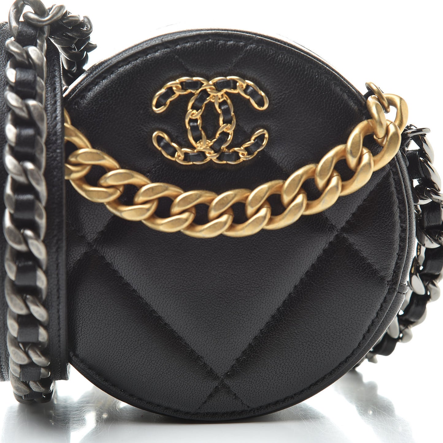 Shiny Goatskin Quilted 19 Round Clutch With Chain Black