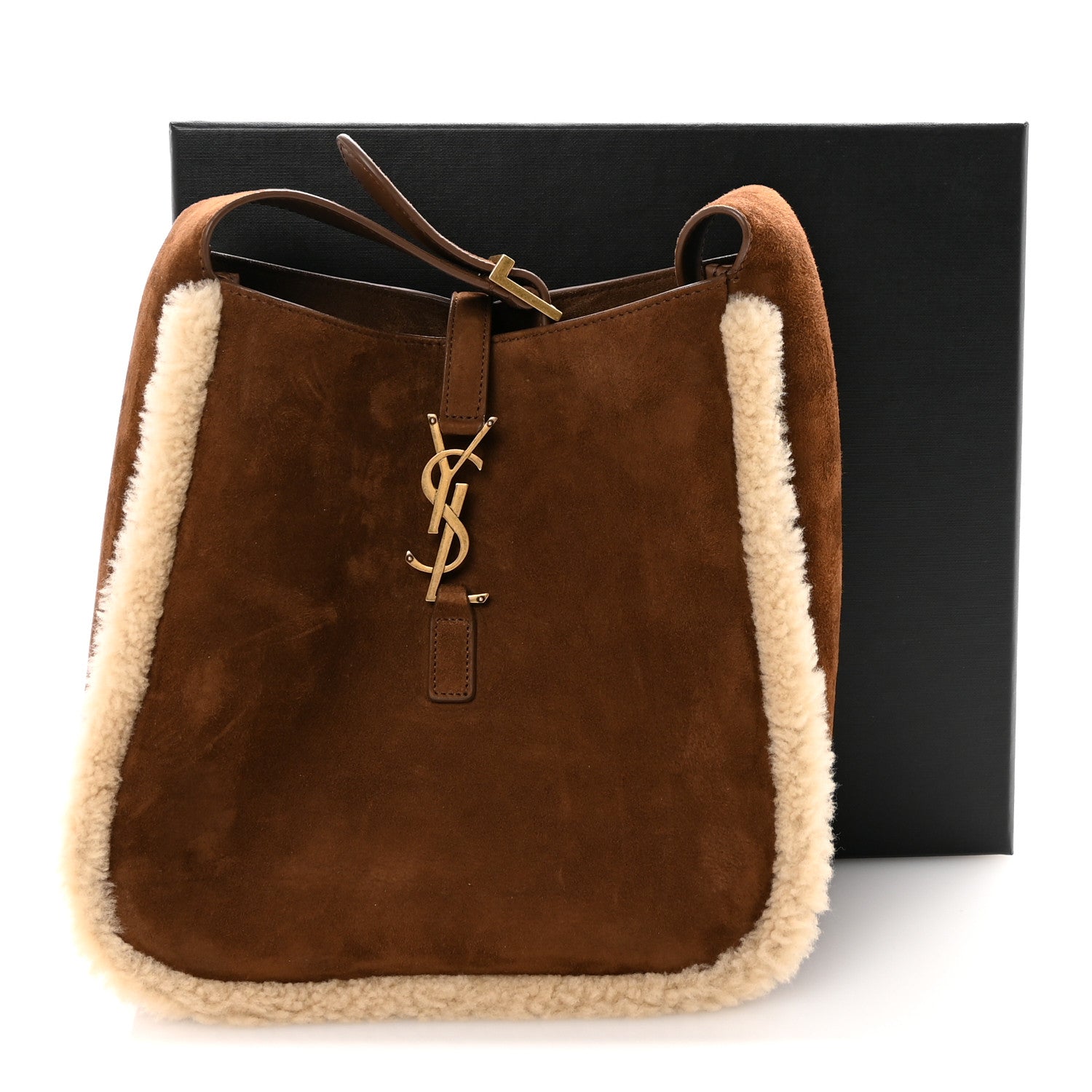 Saint Laurent Suede Shearling Small Le 5 A 7 Soft Hobo Dark Sigaro Natural Beige 10 of 10