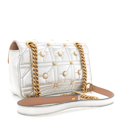 Gucci Metallic Calfskin Matelasse Studded Mini Pearly GG Marmont Shoulder Bag Silver 2 of 11