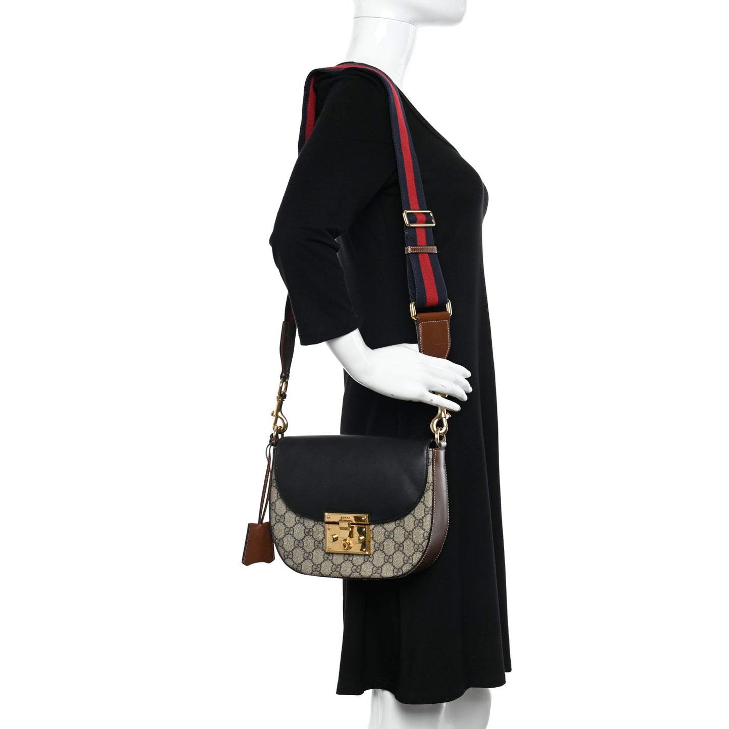 GG Supreme Monogram Web Medium Padlock Messenger Shoulder Bag Black