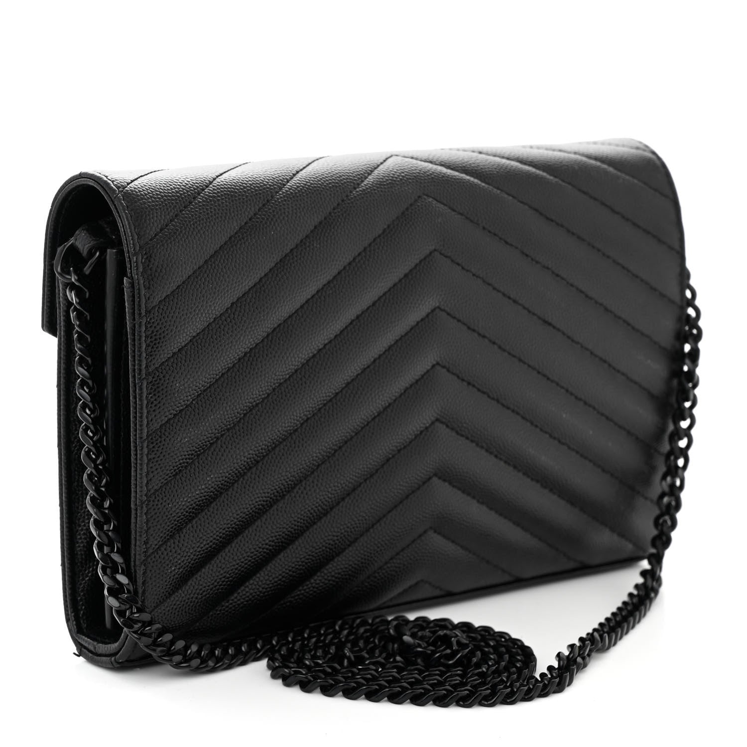 Saint Laurent Grain De Poudre Matelasse Chevron Monogram Monochrome Chain Wallet Black 3 of 11
