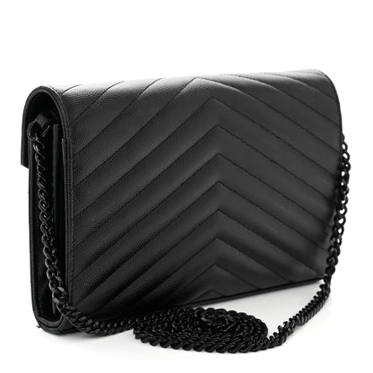 Saint Laurent Grain De Poudre Matelasse Chevron Monogram Monochrome Chain Wallet Black 3 of 11