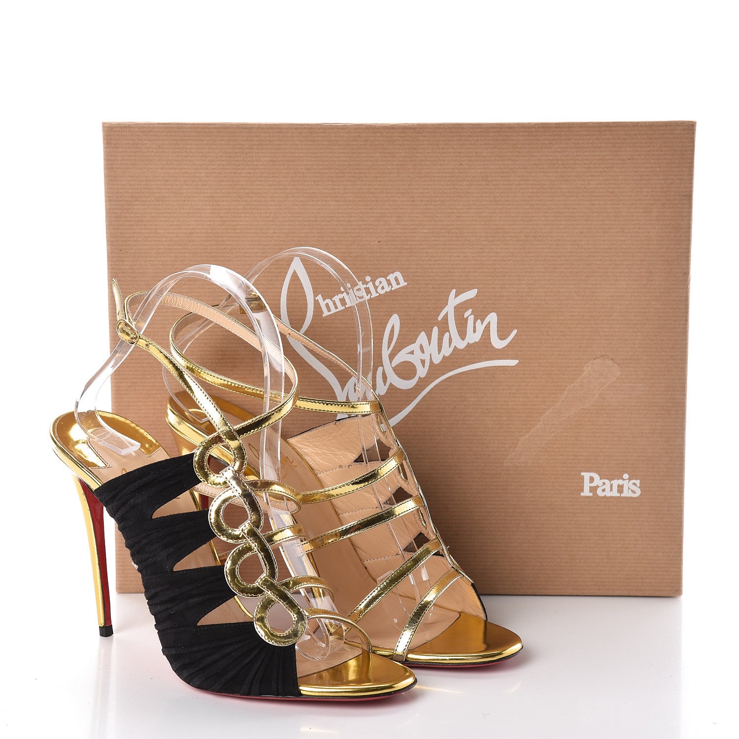 Christian Louboutin Specchio Veau Velours Tina Cage 100 Ankle Strap Sandals 38.5 Gold Black 10 of 10