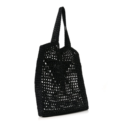 Prada Yarn Raffia Effect Crochet Logo Embroidered Tote Bag Black 2 of 9