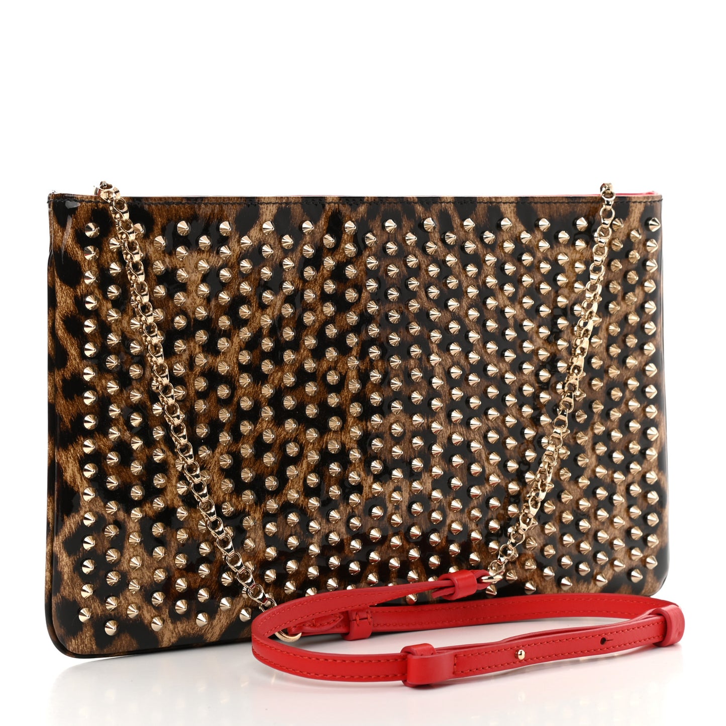 Patent Leopard Print Loubiposh Spiked Crossbody Clutch