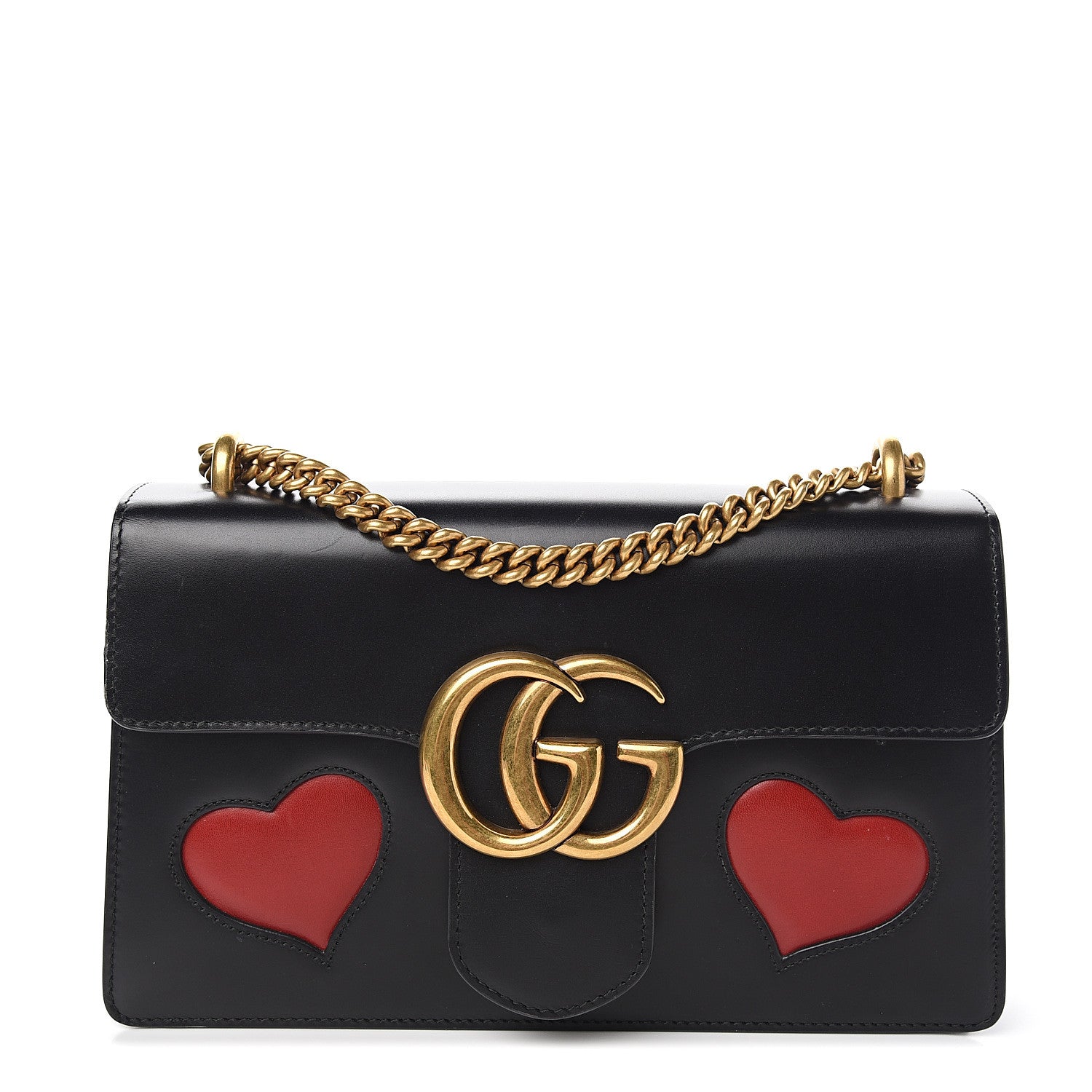 Gucci Knight Calfskin Malaga Kid Heart Medium GG Marmont Chain Handle Bag Black Hibiscus Red Multicolor 1 of 12
