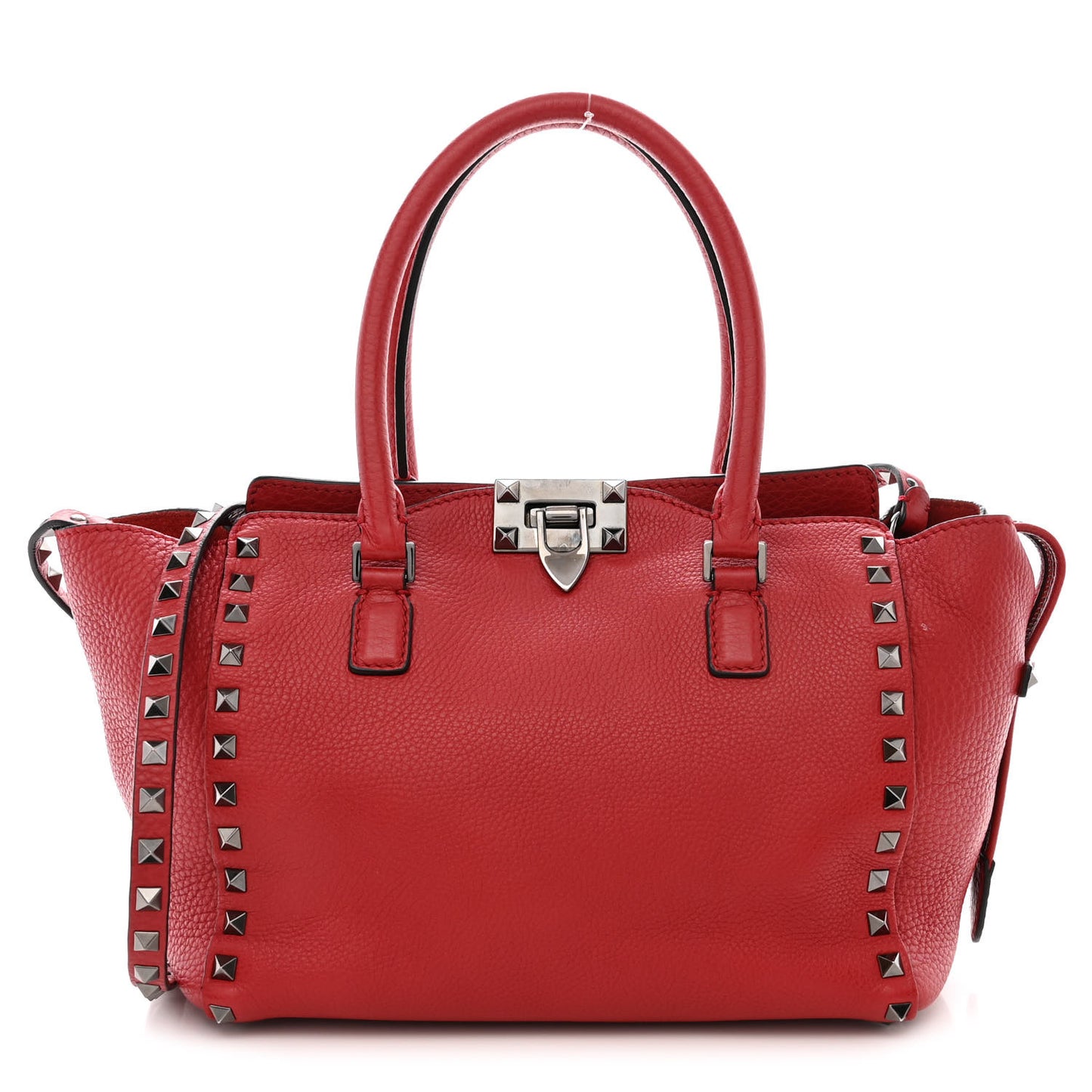 Pebbled Calfskin Small Rockstud Double Handle Tote Red