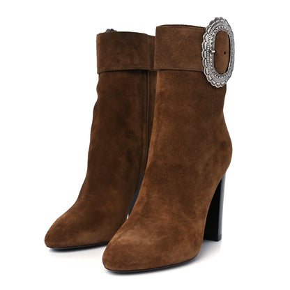 Saint Laurent Suede Embellished Joplin Buckle Booties 37.5 Land 4 of 10