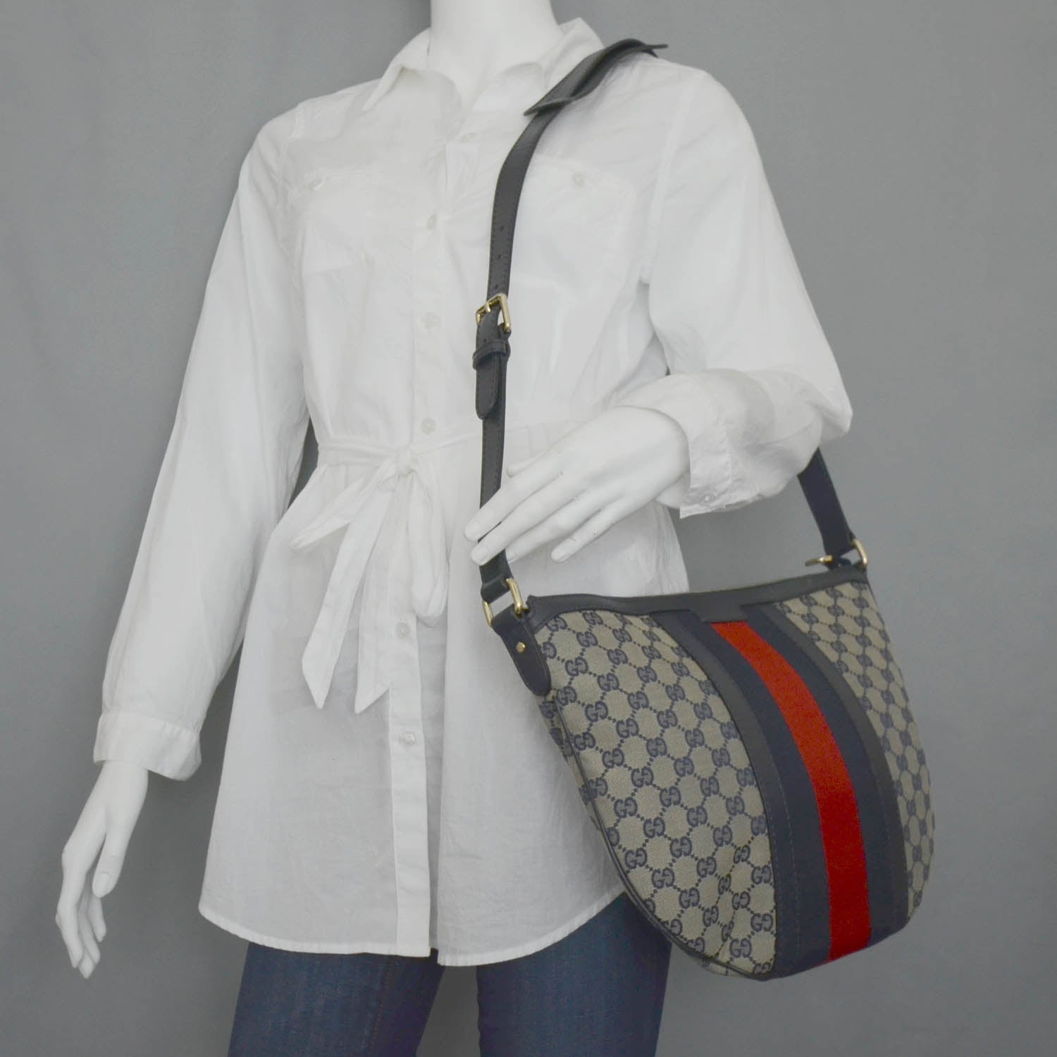 Gucci Monogram Vintage Web Medium Half Moon Hobo Navy 2 of 12