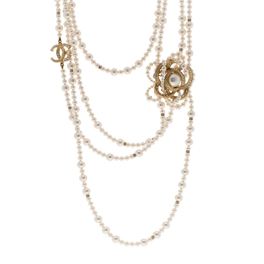 Pearl Crystal CC Camellia Multi Strand Necklace Gold White