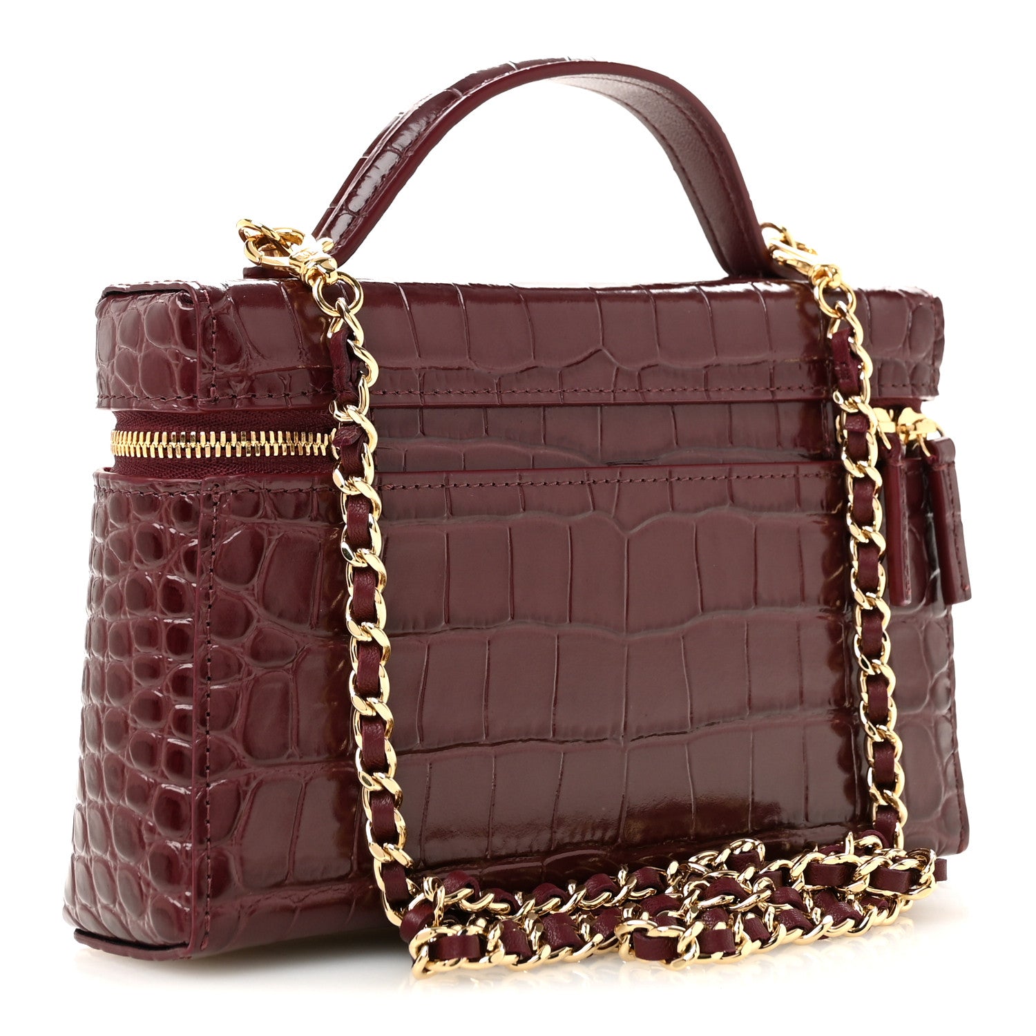 Chanel Calfskin Crocodile Embossed Crococo Top Handle Slim Vanity Case With Chain Dark Burgundy 3 of 11