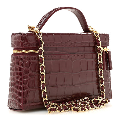 Chanel Calfskin Crocodile Embossed Crococo Top Handle Slim Vanity Case With Chain Dark Burgundy 3 of 11