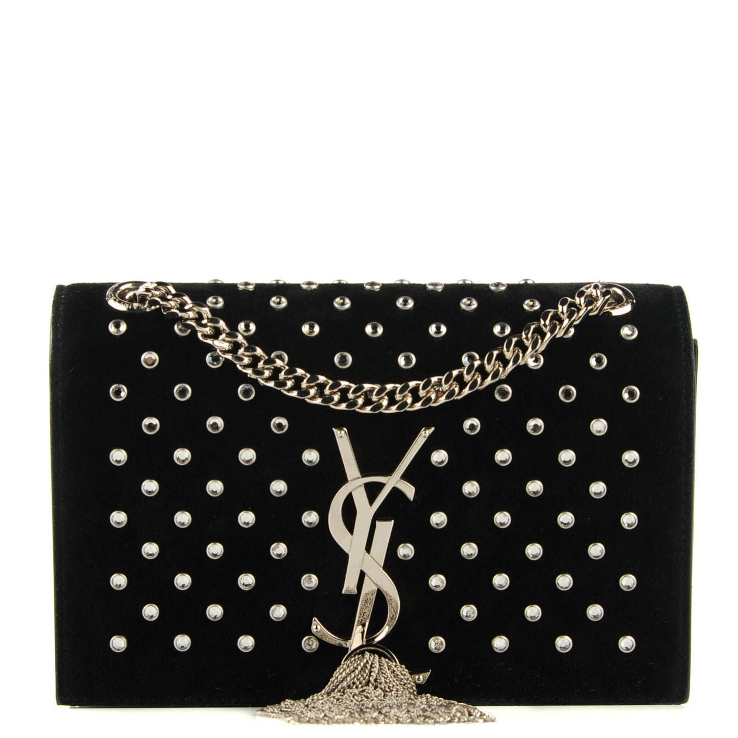 Suede Crystal Studded Small Monogram Tassel Satchel Black