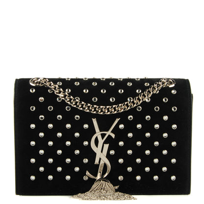 Saint Laurent Suede Crystal Studded Small Monogram Tassel Satchel Black 1 of 8