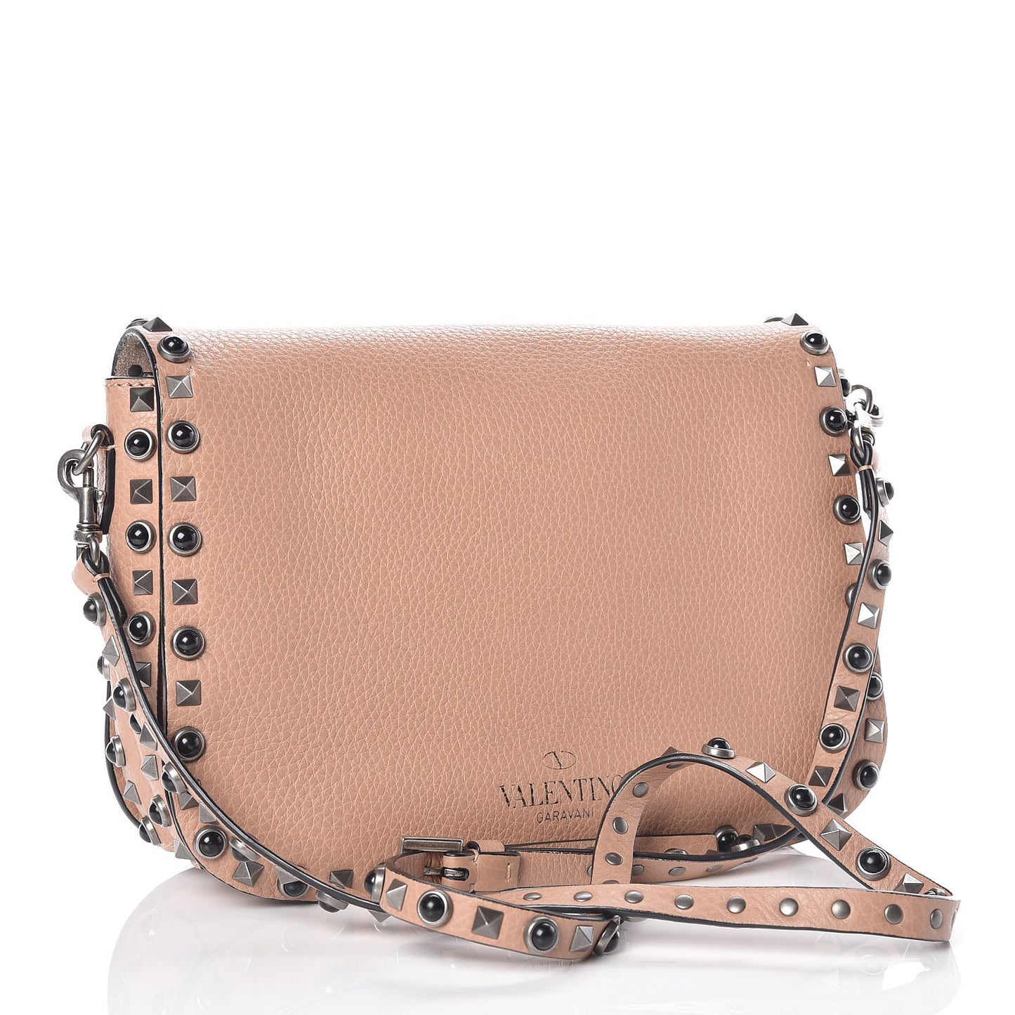 Pebbled Calfskin Medium Rockstud Rolling Flap Saddle Bag Soft Noisette