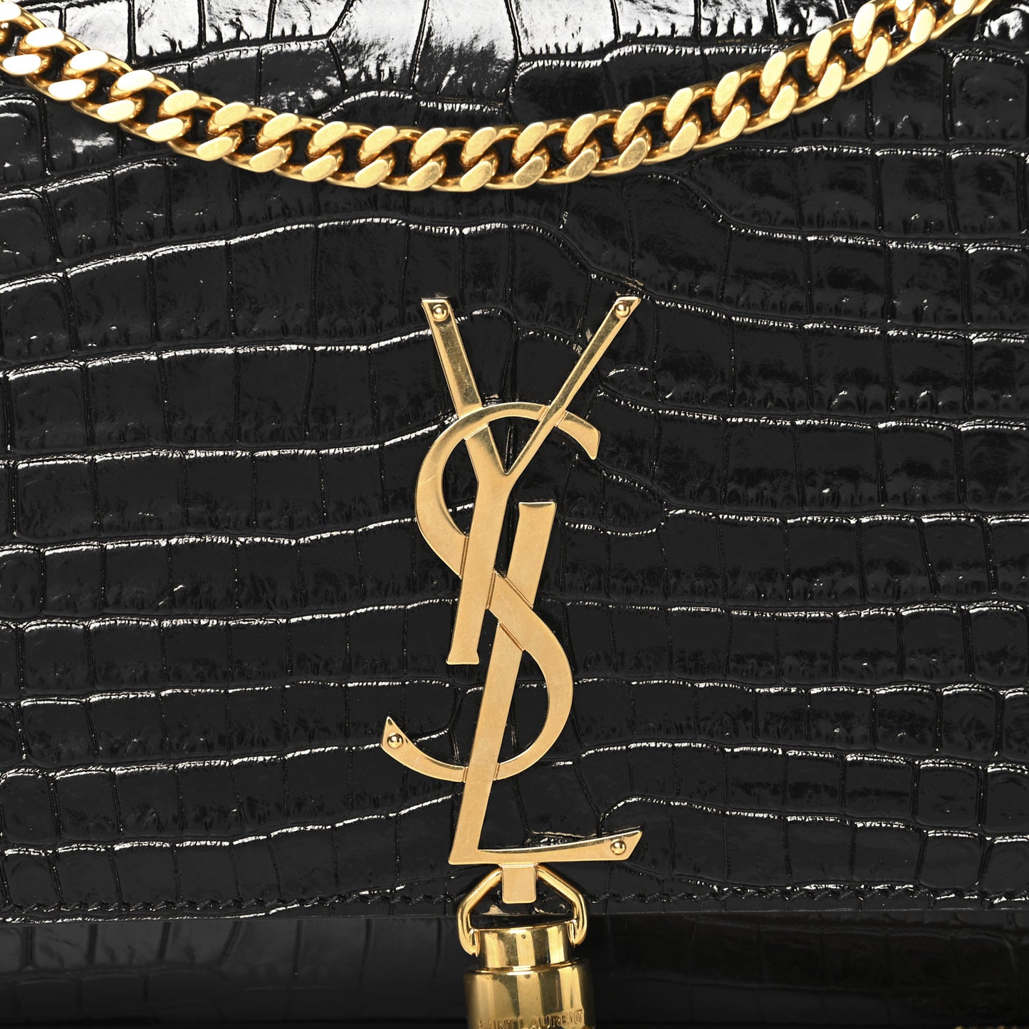 Calfskin Crocodile Embossed Medium Classic Monogram Kate Tassel Satchel Black