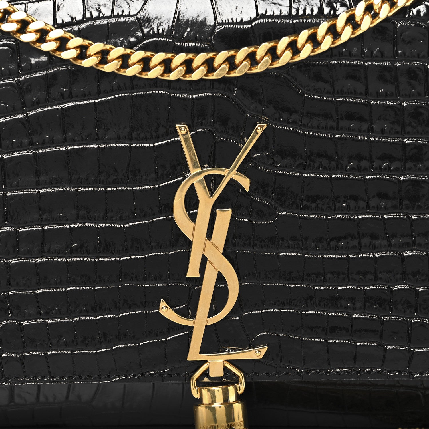 Saint Laurent Calfskin Crocodile Embossed Medium Classic Monogram Kate Tassel Satchel Black 7 of 9