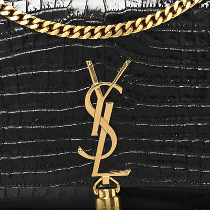Saint Laurent Calfskin Crocodile Embossed Medium Classic Monogram Kate Tassel Satchel Black 7 of 9