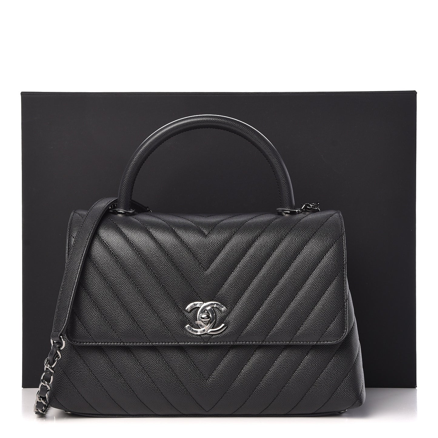 Caviar Chevron Quilted Small Coco Handle Flap Dark Grey