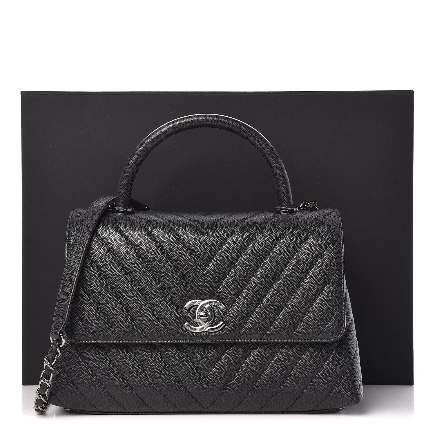 Chanel Caviar Chevron Quilted Small Coco Handle Flap Dark Grey 11 of 11