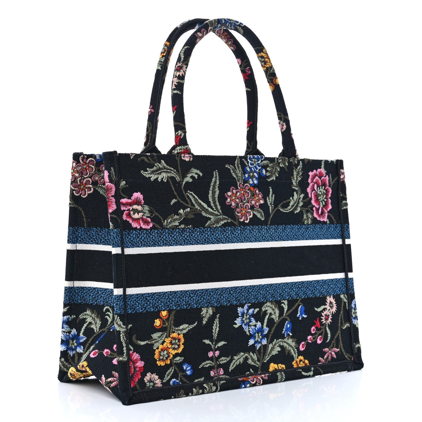Raffia Embroidered Petites Fleurs Medium Book Tote Navy Blue Multicolor
