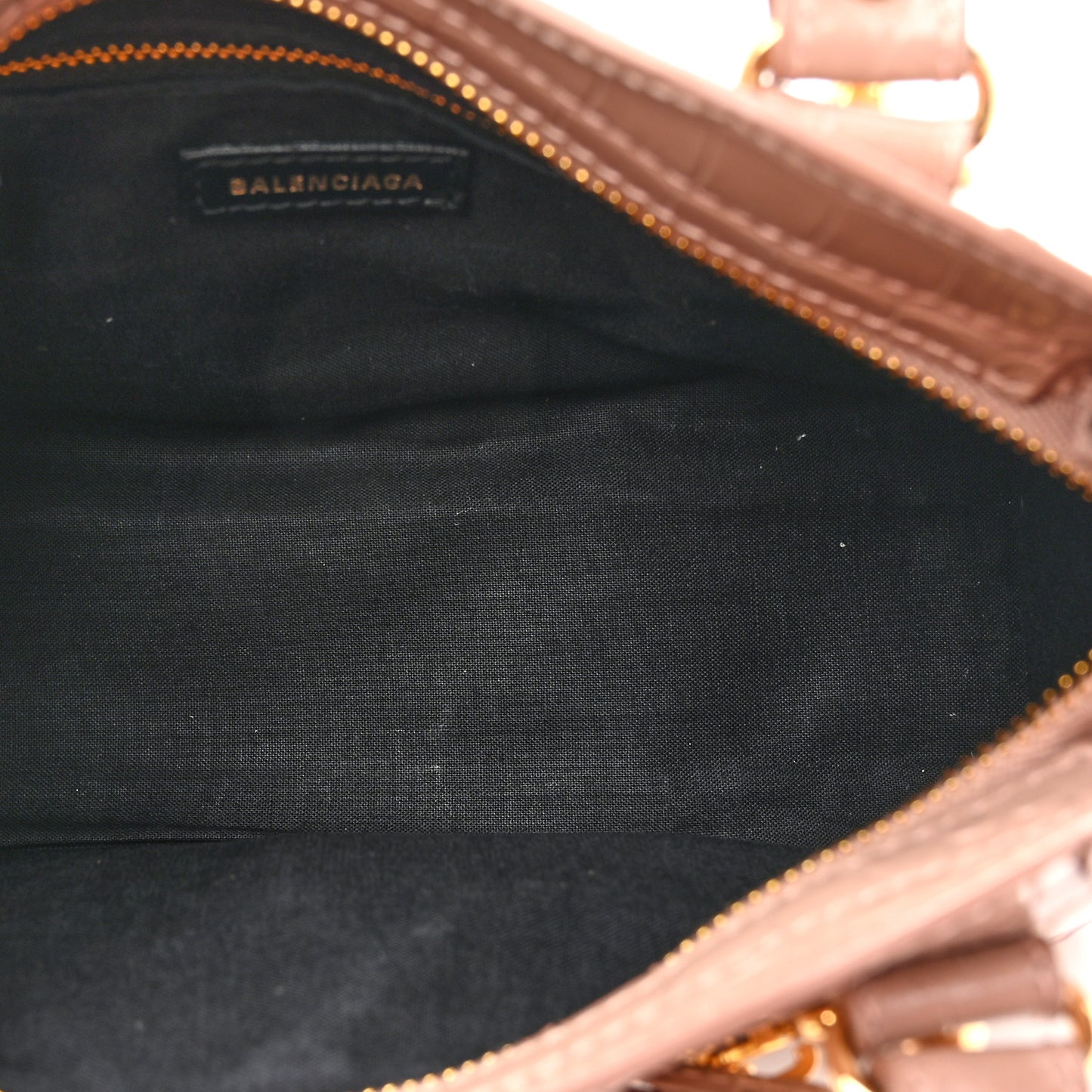 Shiny Supple Calfskin Crocodile Embossed Gold Metallic Edge Hardware Mini City Nude Beige