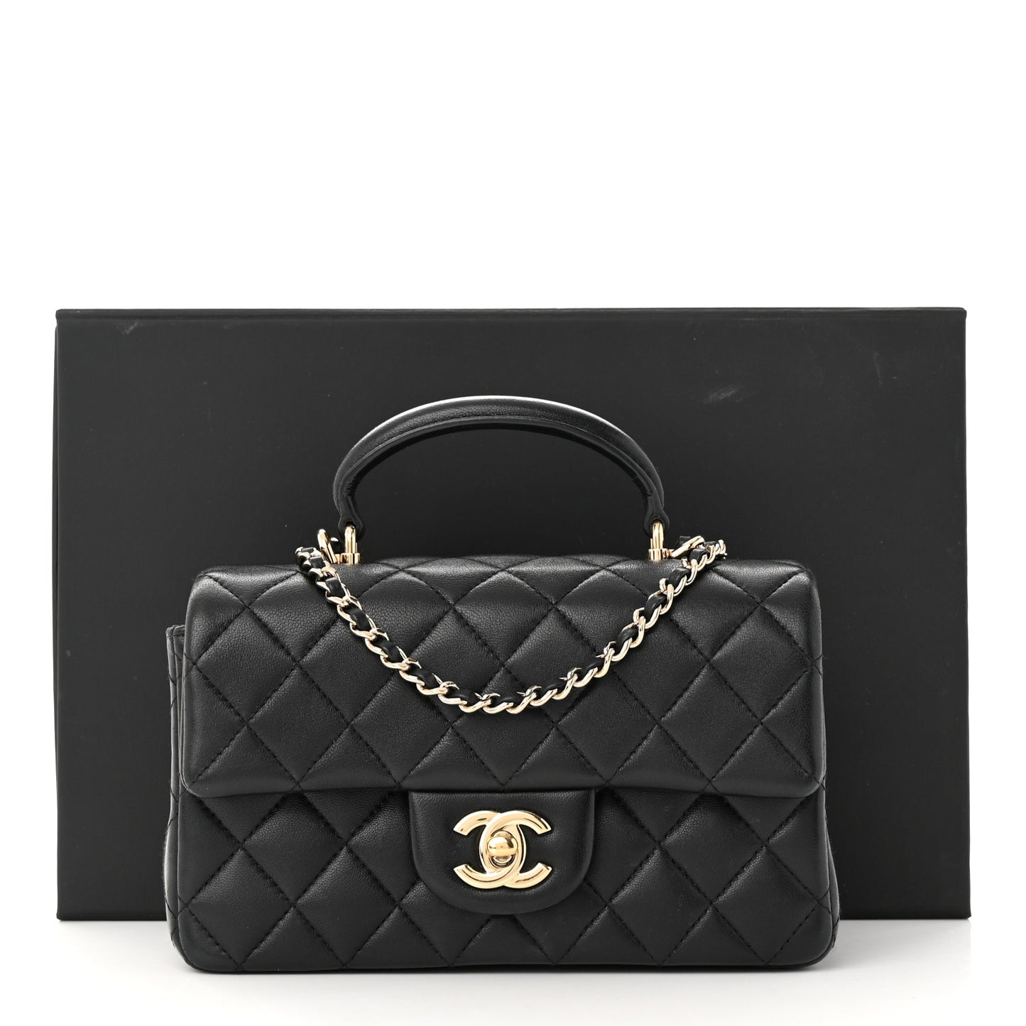 Lambskin Quilted Mini Top Handle Rectangular Flap Black