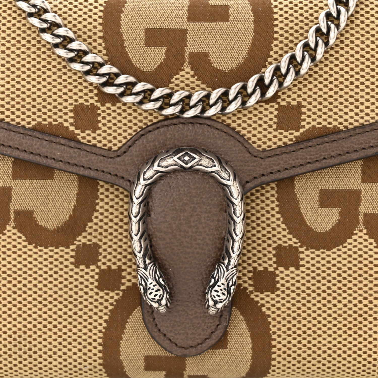 Gucci Monogram Jumbo GG Textured Dollar Calfskin Mini Dionysus Chain Wallet Camel Ebony New Acero 8 of 13