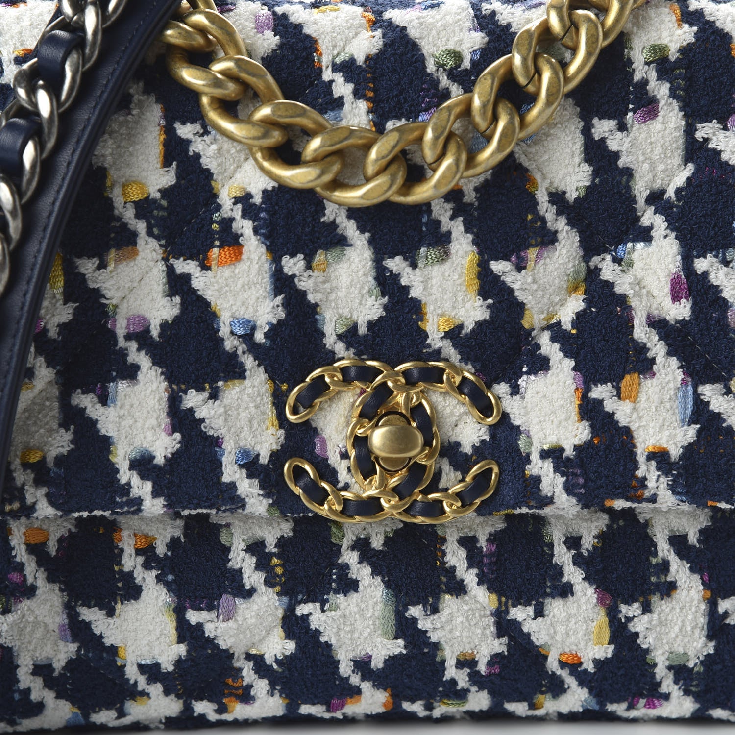 Chanel Tweed Quilted Medium 19 Flap Ecru Navy Blue Multicolor 9 of 9