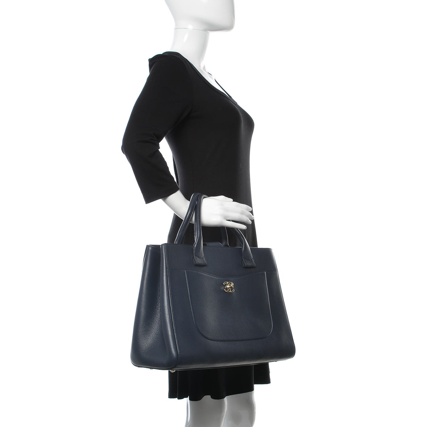 Grained Calfskin Medium Neo Executive Shopper Tote Dark Blue