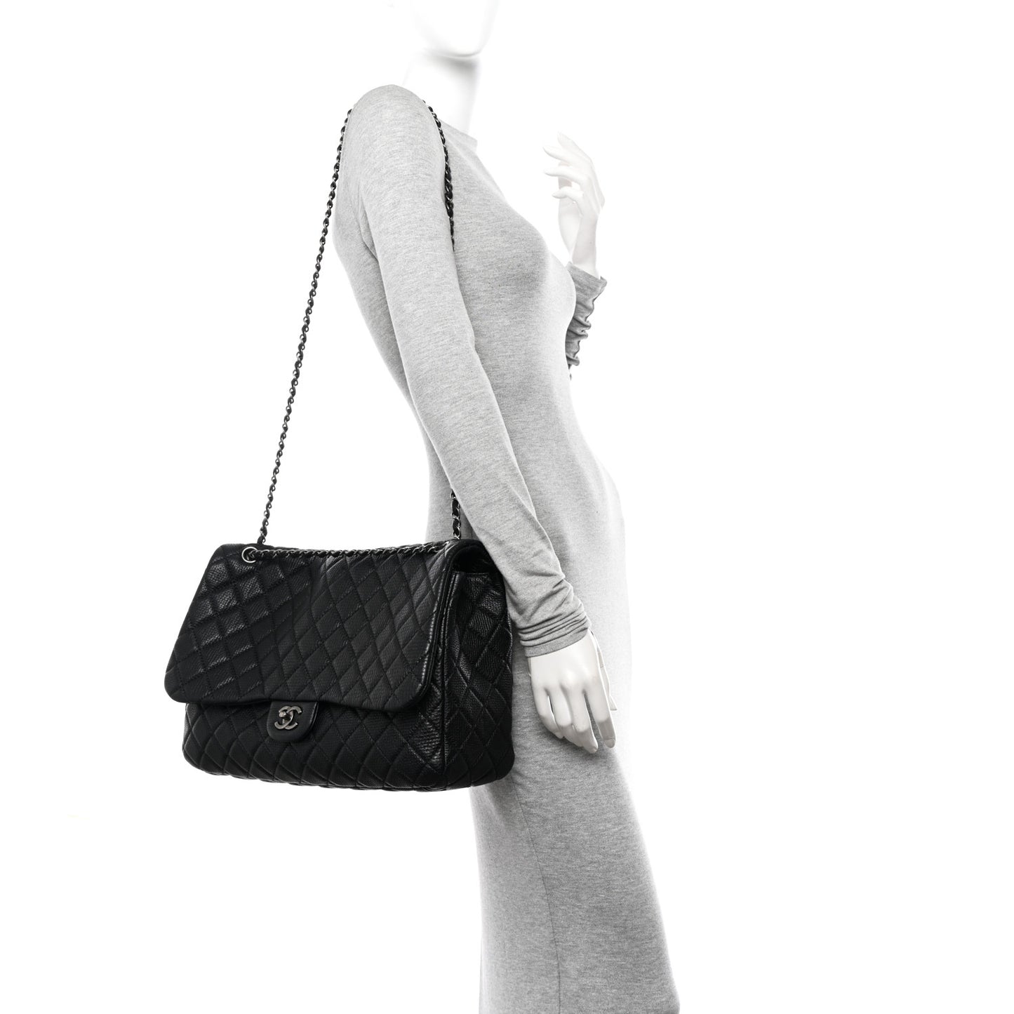 Grained Calfskin Quilted Small XXL Travel Flap Bag Black
