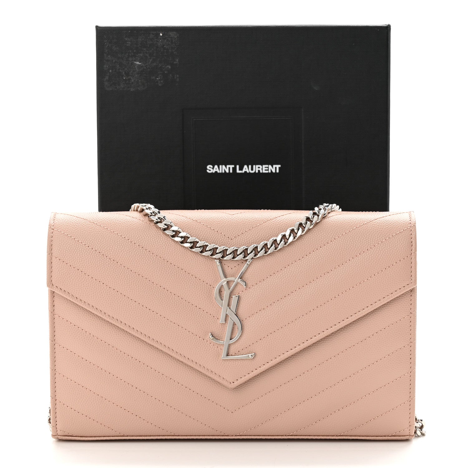 Saint Laurent Grain De Poudre Matelasse Chevron Monogram Chain Wallet Pale Pink 10 of 11
