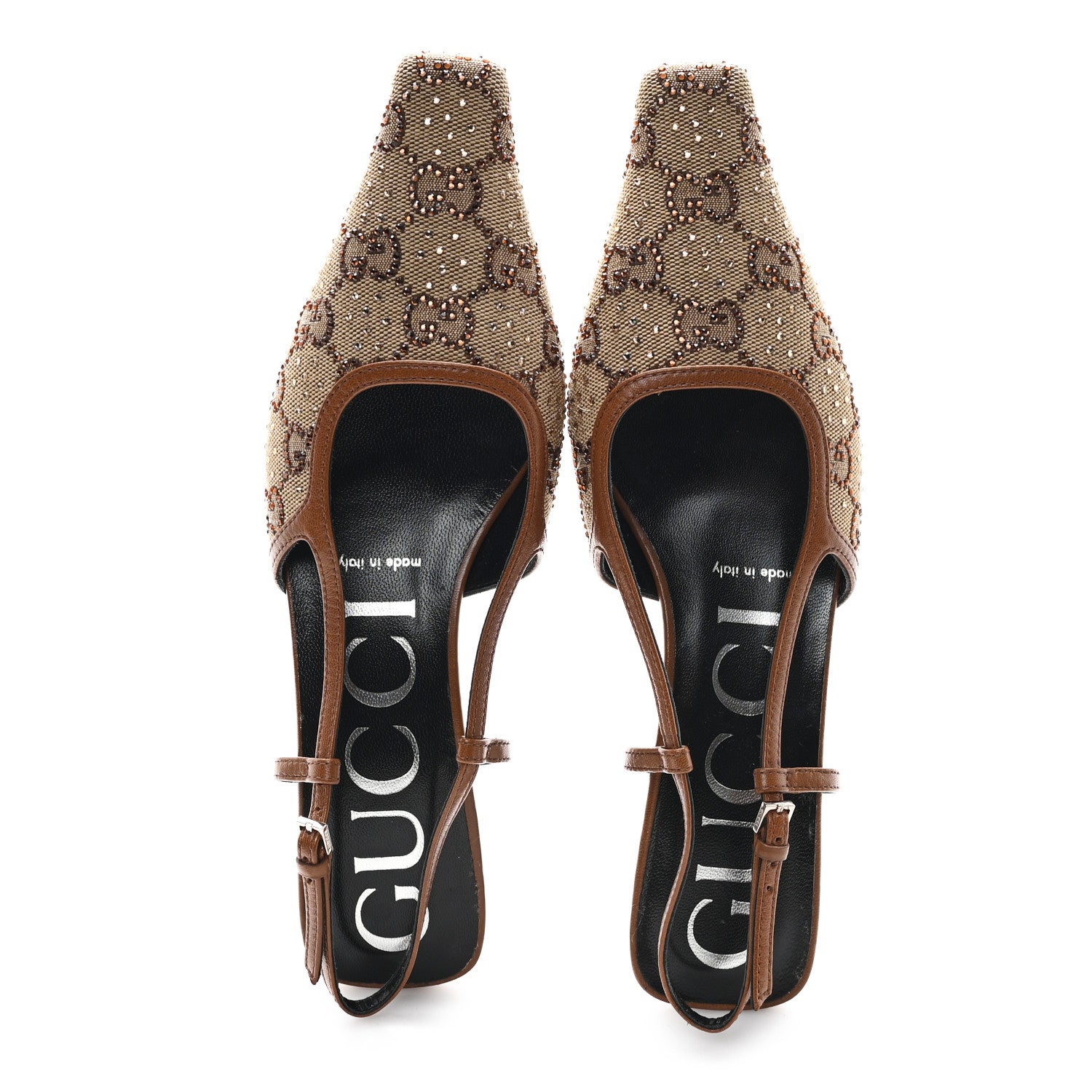 Gucci GG Monogram Malaga Kid Crystal Square G 35mm Slingback Pumps 36 Camel Ebony Cuir 2 of 9